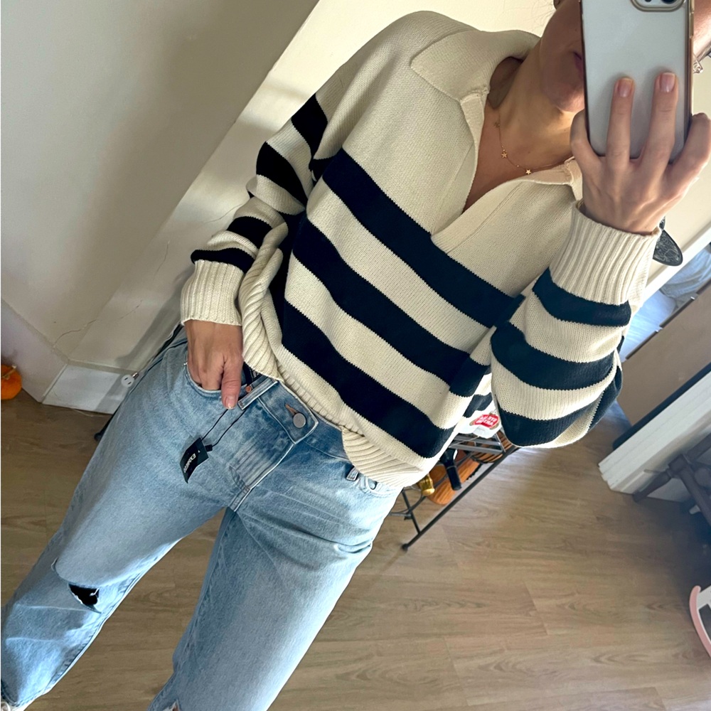 Sophie Rue Cropped Collared Cream and Black Stripped Sweater